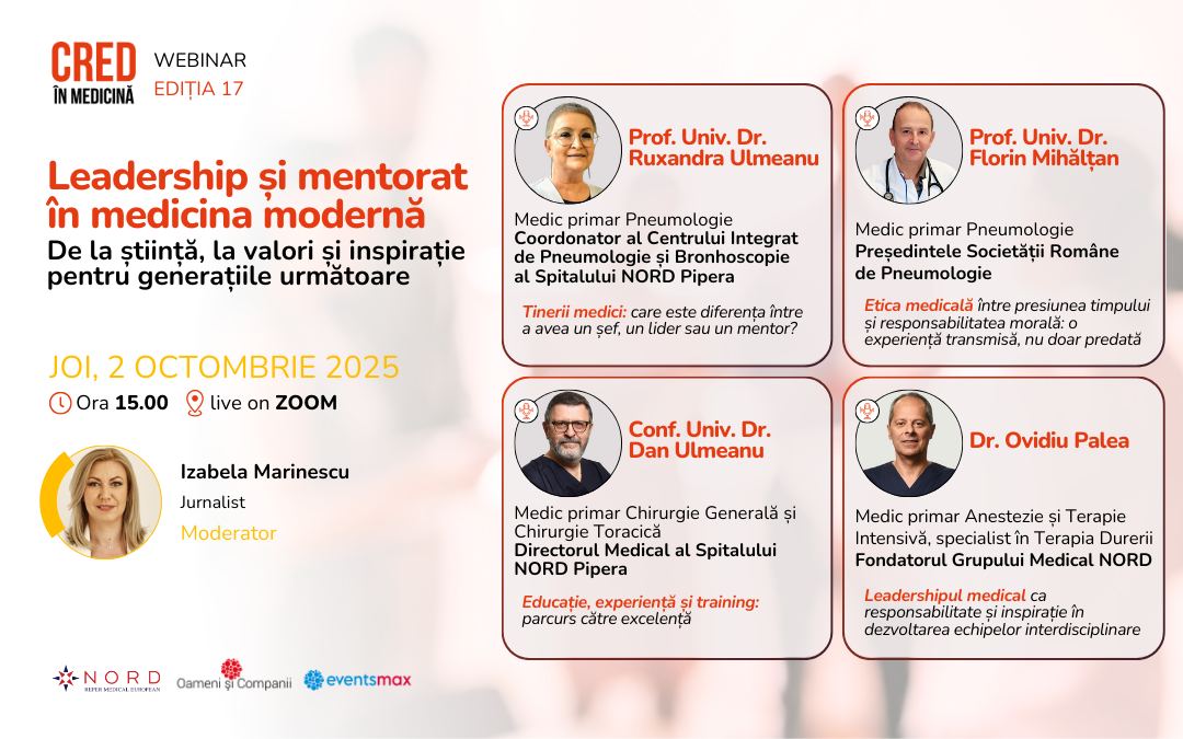 „Leadership și mentorat în medicina modernă: De la știință, la valori și inspirație pentru generațiile următoare”, tema webinarului CRED în Medicină din luna octombrie 